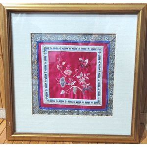 Vintage Chinese Hand Embroidered Silk Panel With Flowers & Butterfly Framed 10"